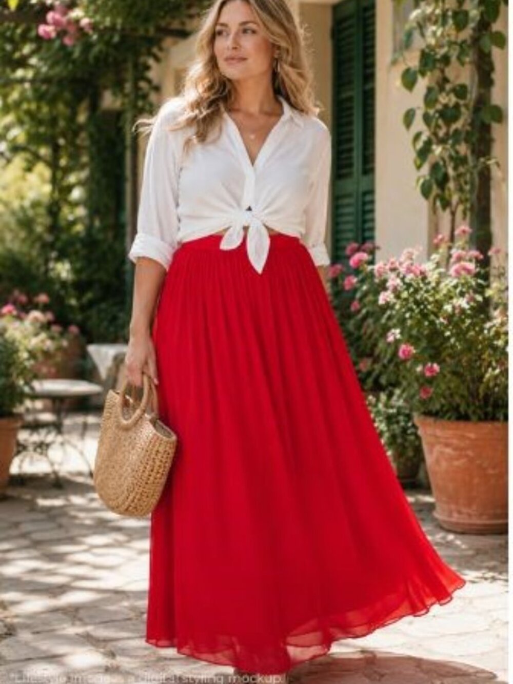 Red Chiffon Maxi Skirt 2XL Boutique Lined Elastic Waist Boho Romantic